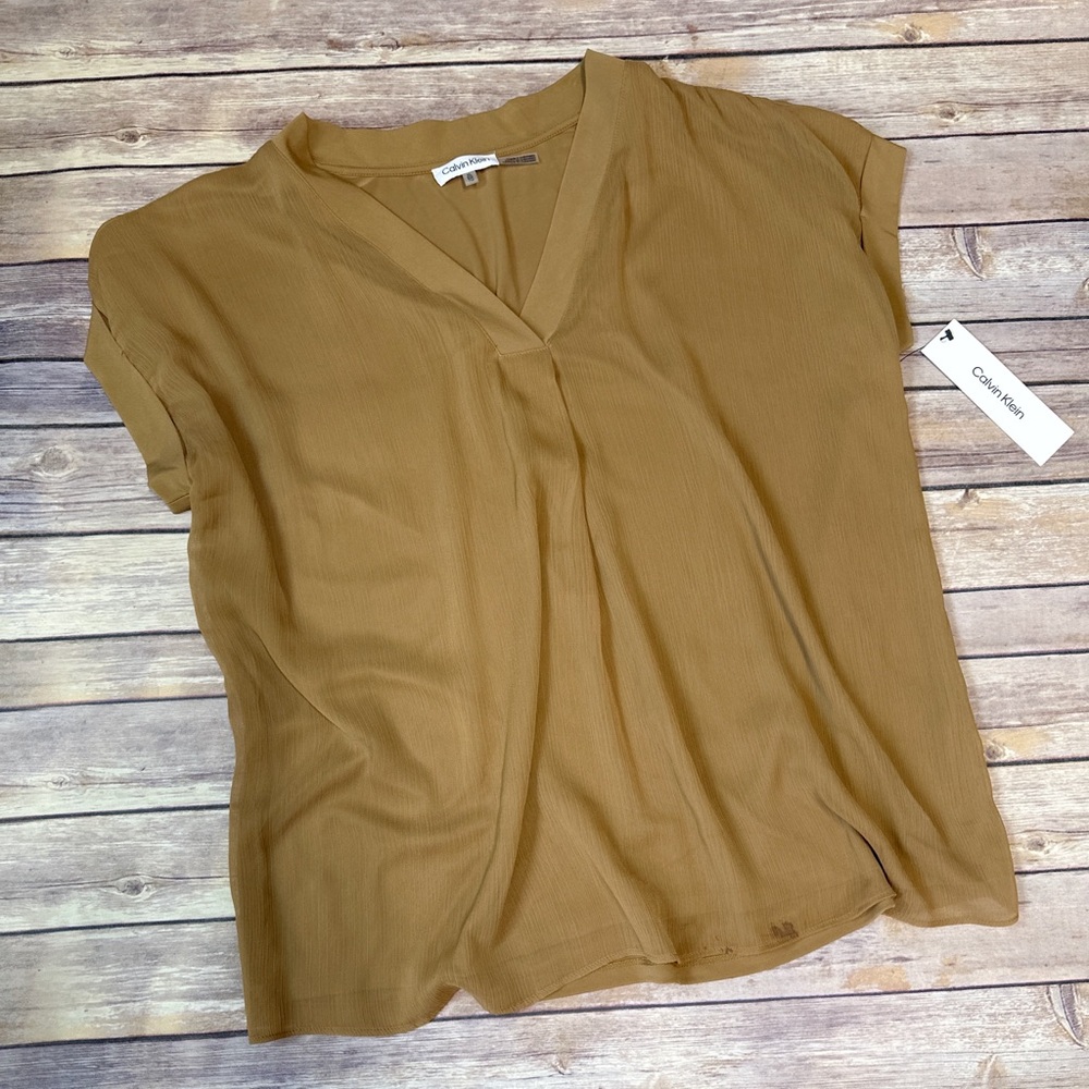 Calvin Klein Womens Layered Sheer Pullover Top Luggage size XL